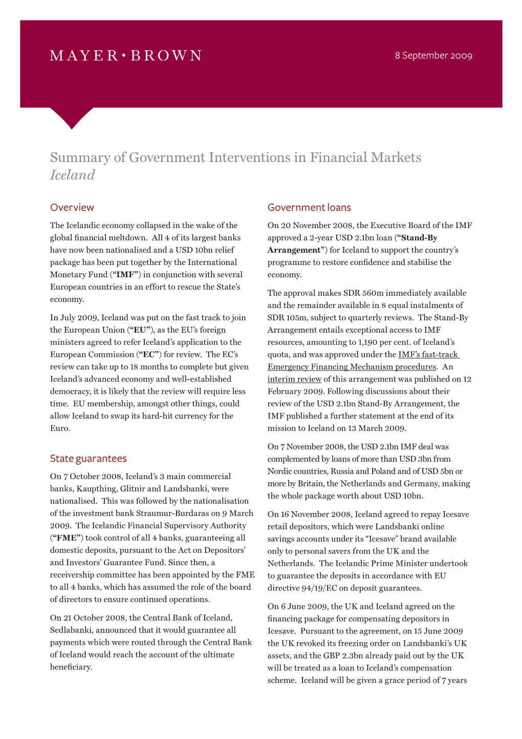 Summary of Government Interventions in Financial Markets Iceland
