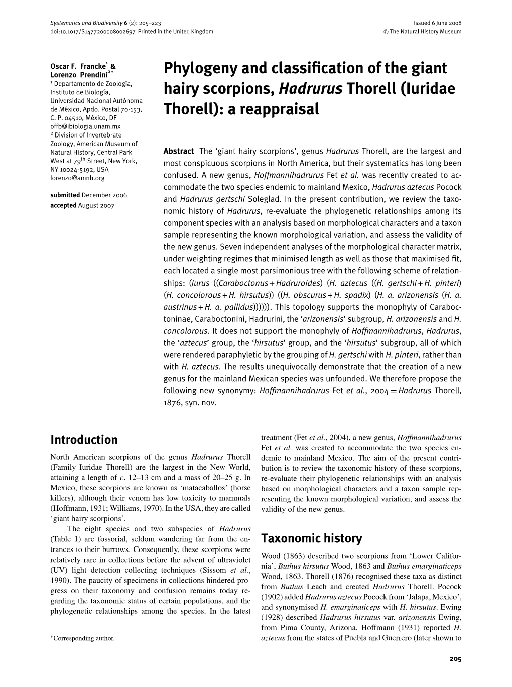 Phylogeny and Classification of the Giant Hairy Scorpions, Hadrurus