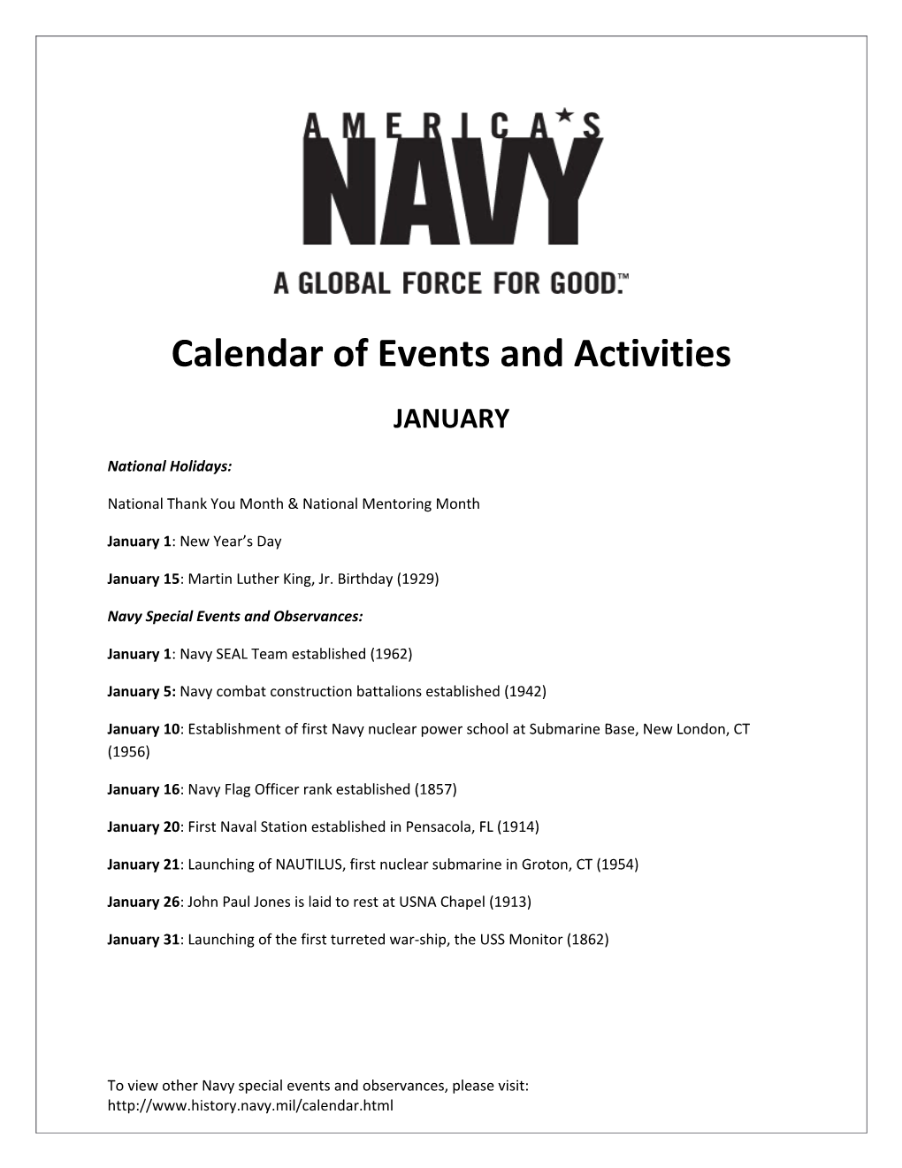 Calendar of Events and Activities
