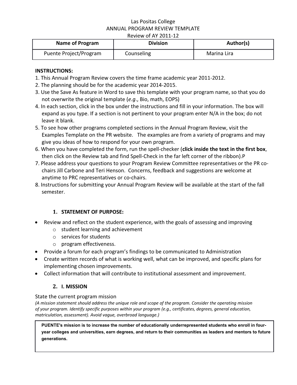 Las Positas College ANNUAL PROGRAM REVIEW TEMPLATE Review of AY 2011-12