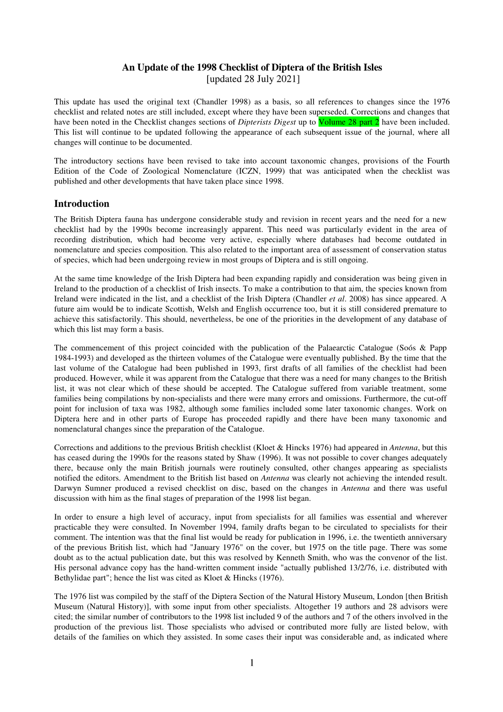 1 an Update of the 1998 Checklist of Diptera Of