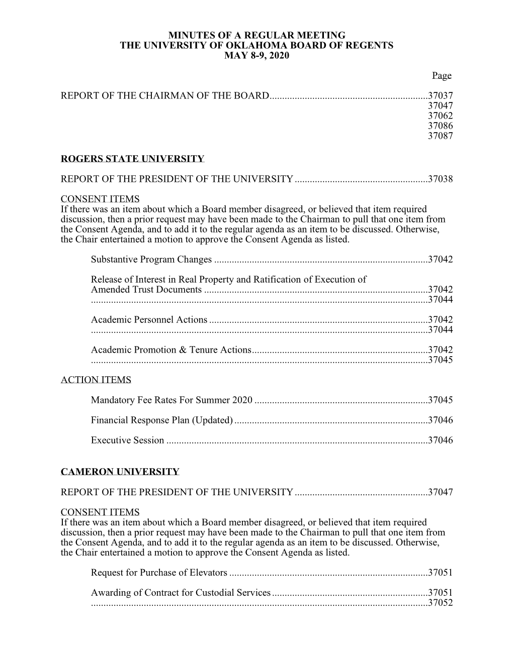 Minutes of a Regular Meeting the University of Oklahoma Board of Regents May 8-9, 2020