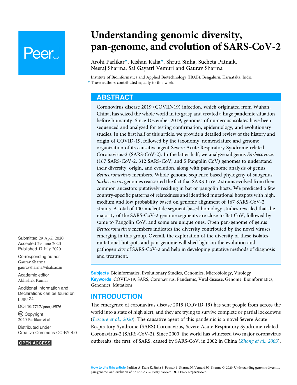 Understanding Genomic Diversity, Pan-Genome, and Evolution of SARS-Cov-2