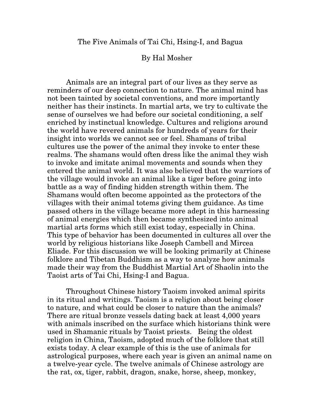 The Five Animals of Tai Chi, Hsing-I, and Bagua by Hal Mosher Animals