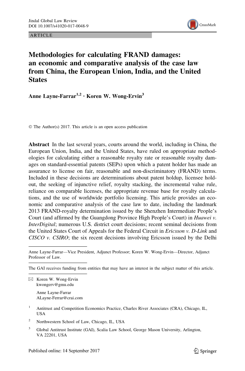 Methodologies for Calculating FRAND Damages: an Economic and Comparative Analysis of the Case Law from China, the European Union, India, and the United States