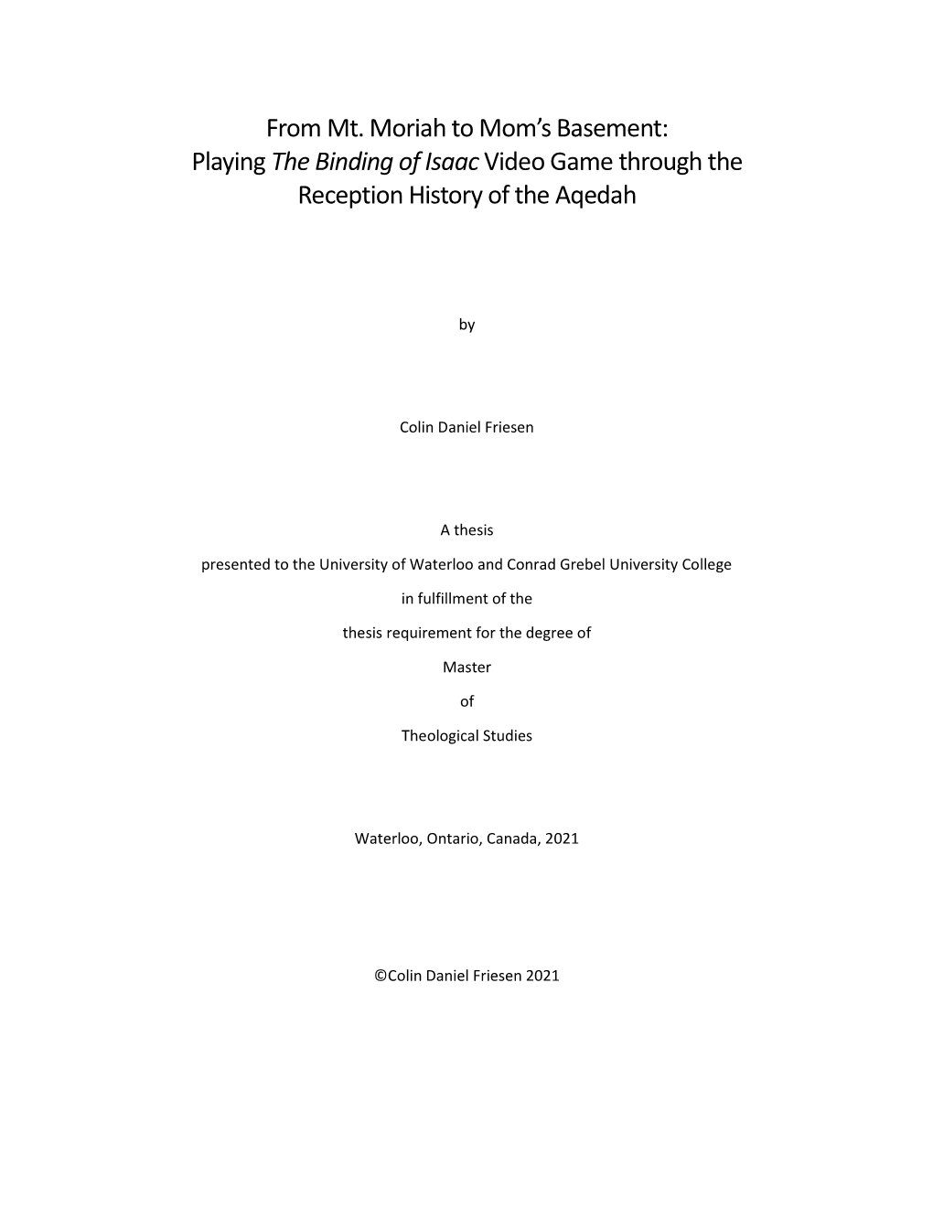 Playing the Binding of Isaac Video Game Through the Reception History of the Aqedah