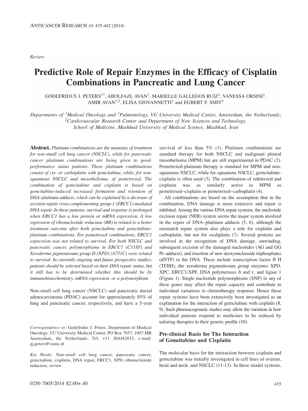 Predictive Role of Repair Enzymes in the Efficacy of Cisplatin Combinations in Pancreatic and Lung Cancer