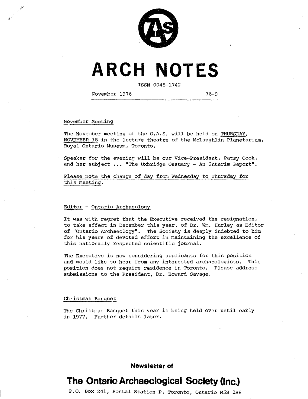 ARCH NOTES ISSN 0048-1742 November 1976 76-9