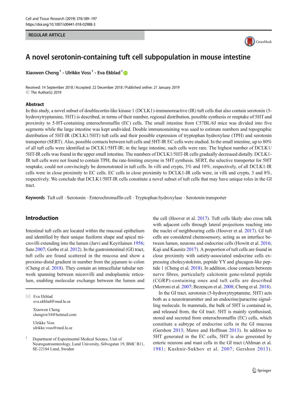 A Novel Serotonin-Containing Tuft Cell Subpopulation in Mouse Intestine