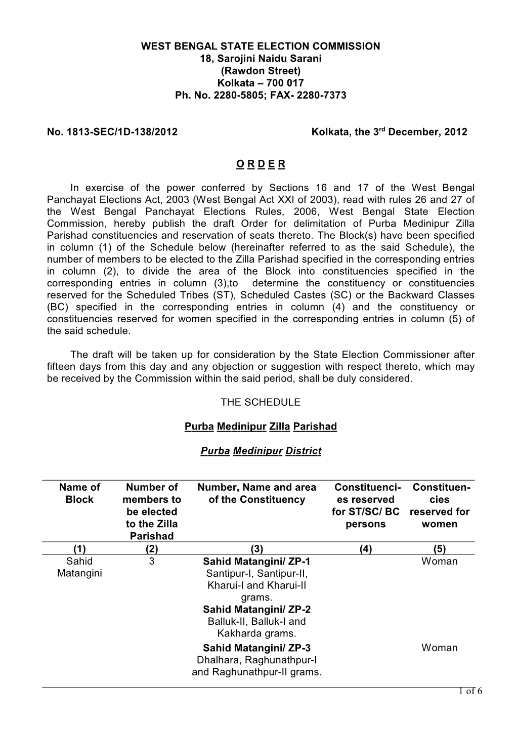WEST BENGAL STATE ELECTION COMMISSION 18, Sarojini Naidu Sarani (Rawdon Street) Kolkata – 700 017 Ph. No. 2280-5805; FAX