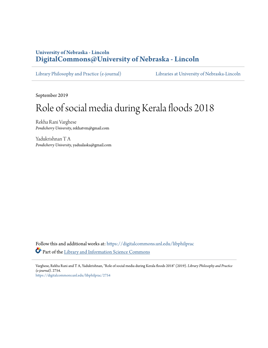 Role of Social Media During Kerala Floods 2018 Rekha Rani Varghese Pondicherry University, Rekhatvm@Gmail.Com