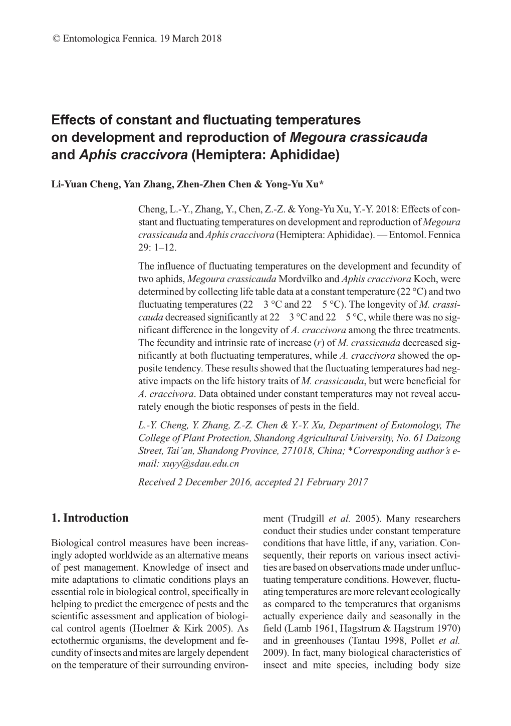 Effects of Constant and Fluctuating Temperatures on Development and Reproduction of Megoura Crassicauda and Aphis Craccivora (Hemiptera: Aphididae)