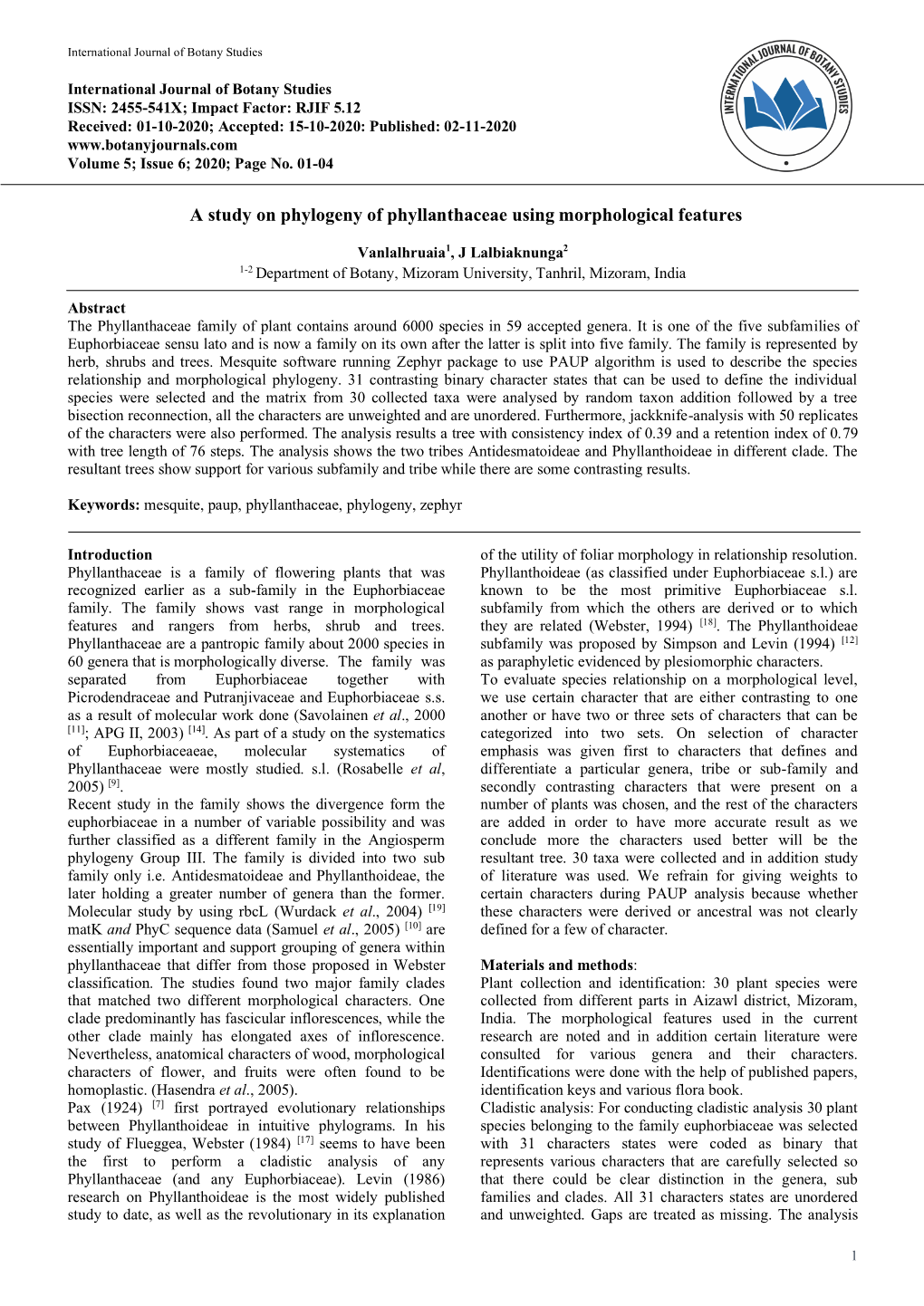 A Study on Phylogeny of Phyllanthaceae Using Morphological Features