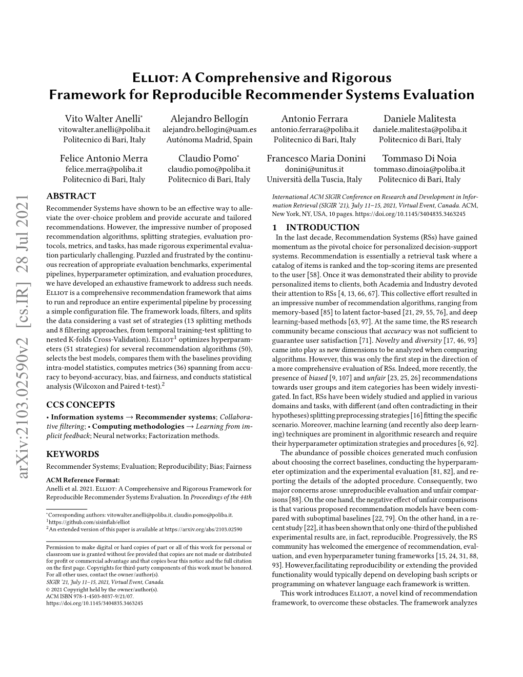 Elliot: a Comprehensive and Rigorous Framework for Reproducible Recommender Systems Evaluation