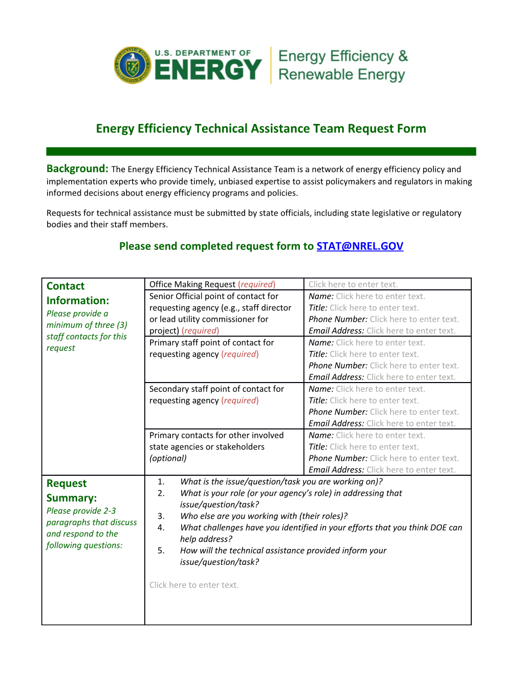 Energy Efficiency Technical Assistance Team Request Form