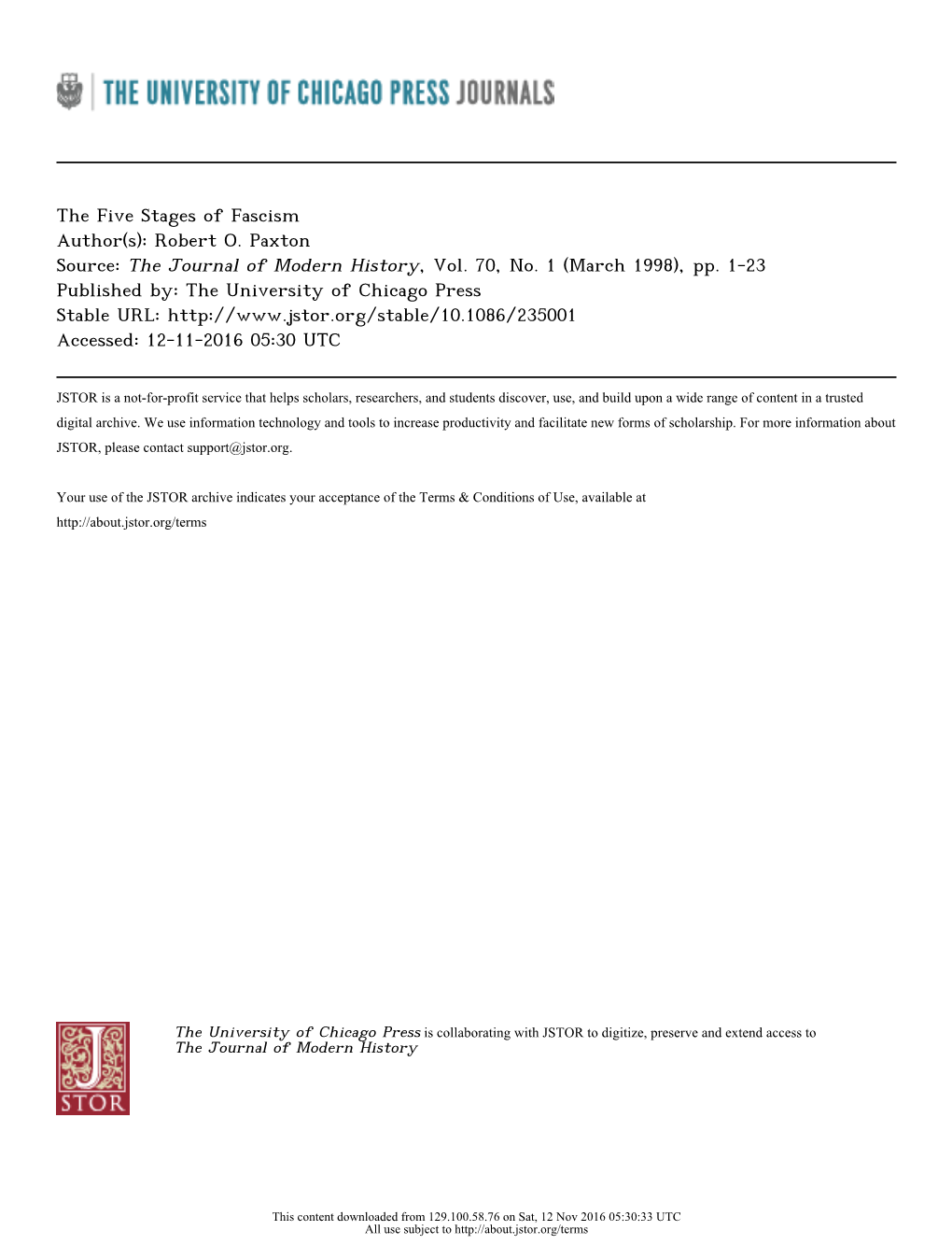 The Five Stages of Fascism Author(S): Robert O. Paxton Source: the Journal of Modern History, Vol