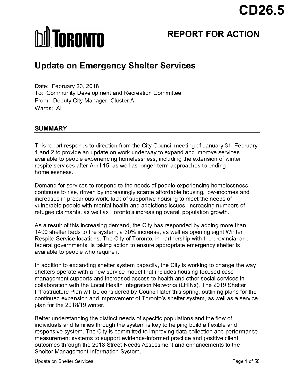 REPORT for ACTION Update on Emergency Shelter Services