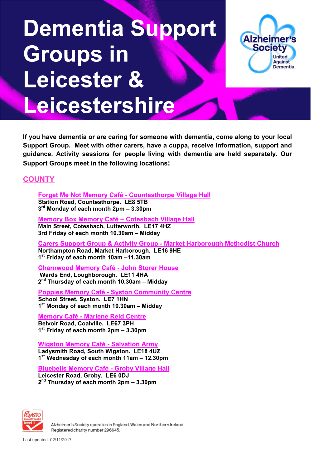 Dementia Support Groups in Leicester & Leicestershire