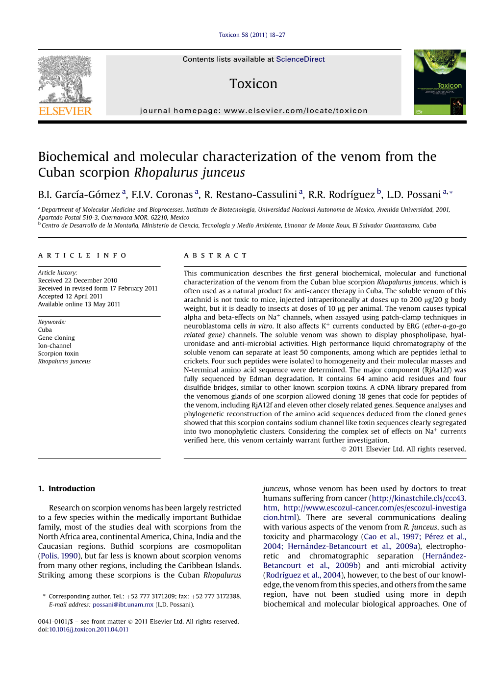 Biochemical and Molecular Characterization of the Venom from the Cuban Scorpion Rhopalurus Junceus