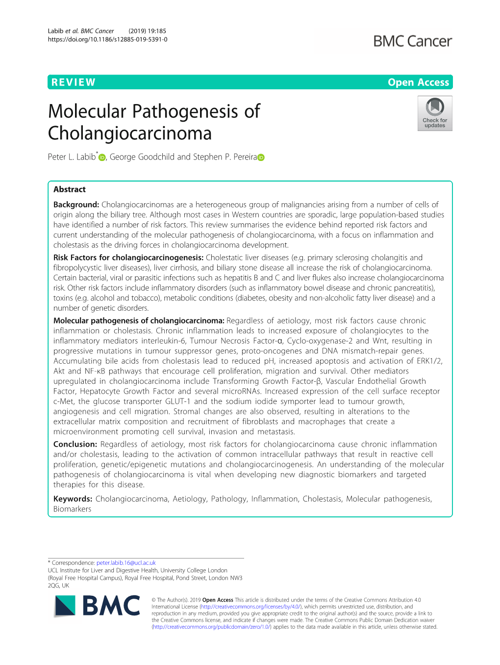 Molecular Pathogenesis of Cholangiocarcinoma Peter L