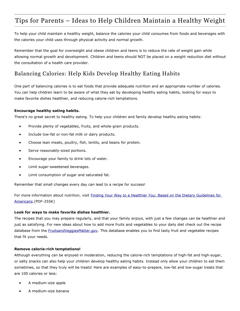 Tips for Parents Ideas to Help Children Maintain a Healthy Weight