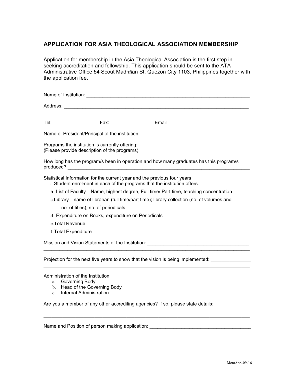 Application for Asia Theological Association Membership