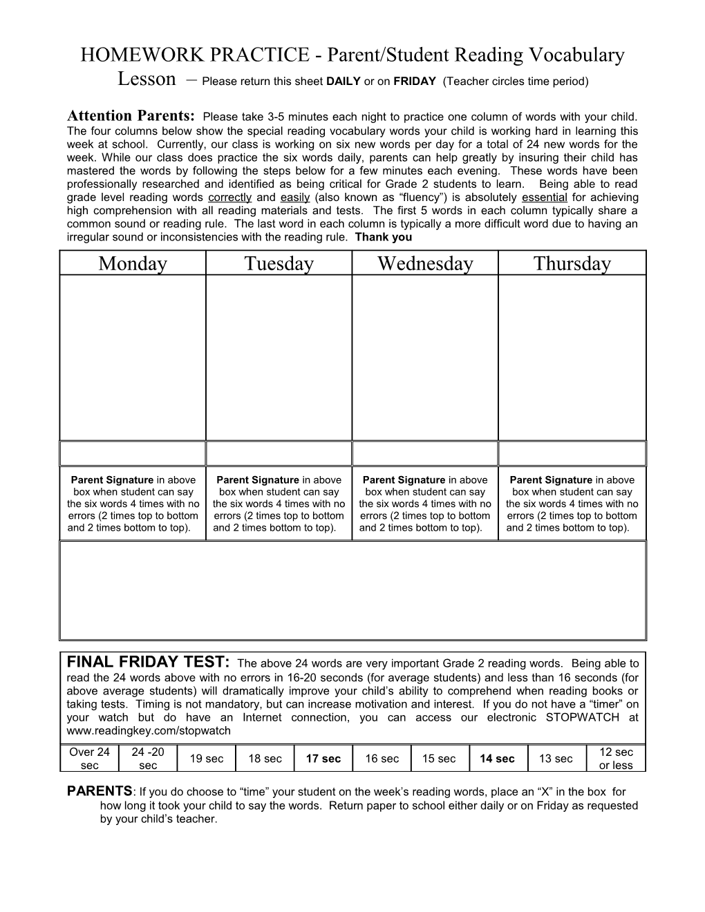 HOMEWORK PRACTICE - Parent/Student Reading Vocabulary