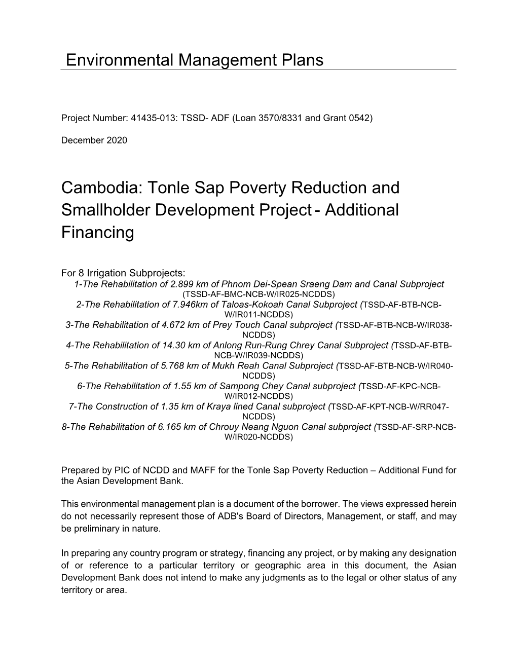 Tonle Sap Poverty Reduction and Smallholder Development Project - Additional Financing