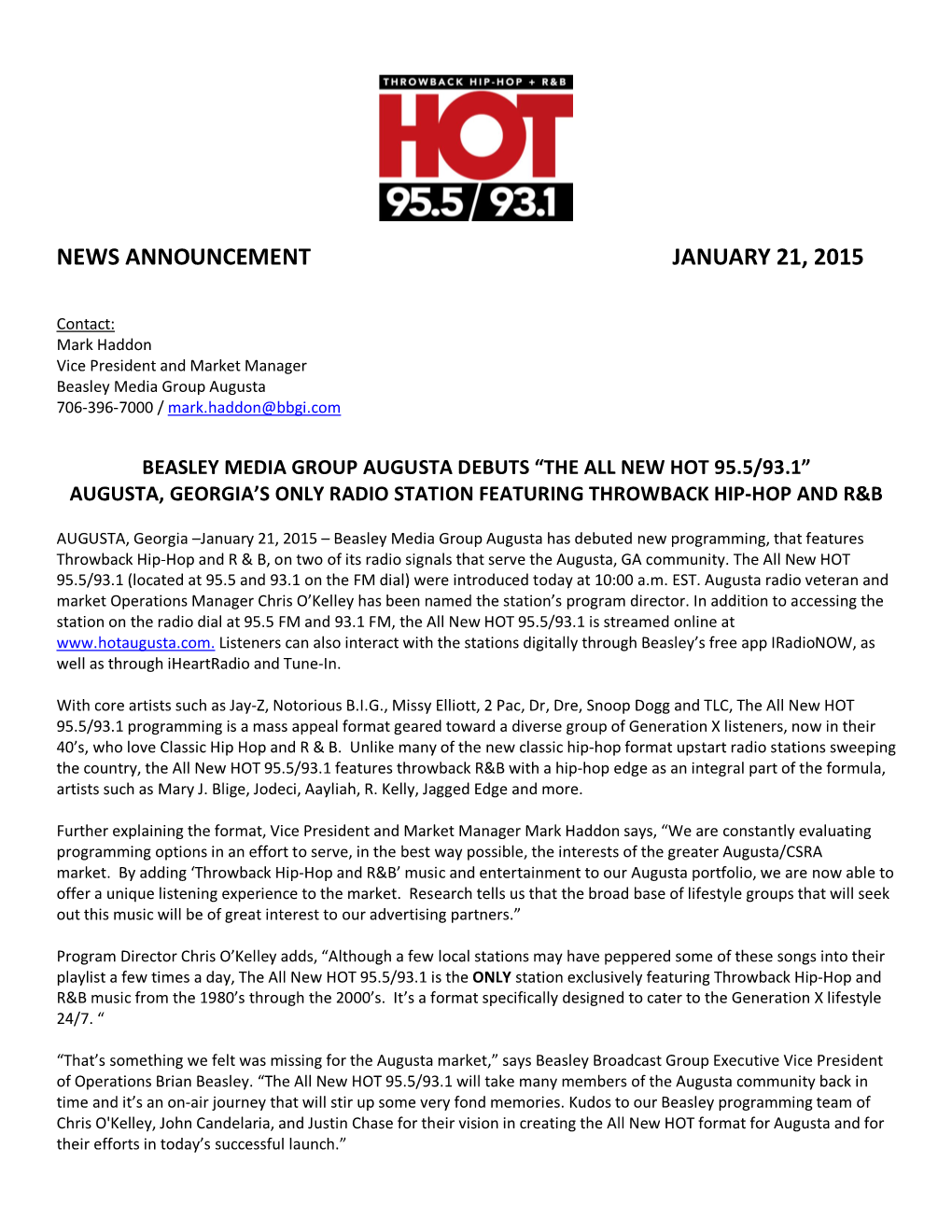 News Announcement January 21, 2015