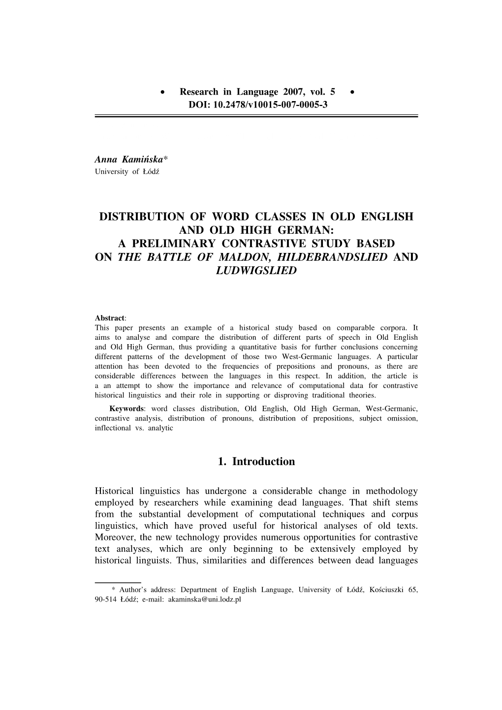 Distribution of Word Classes in Old English and Old High German