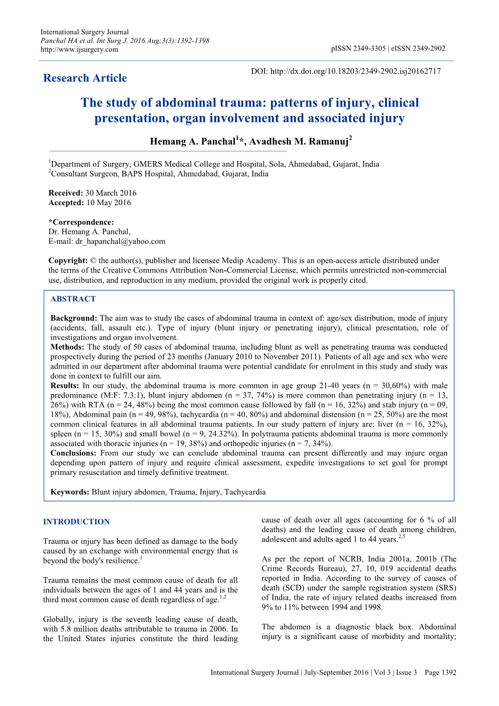 The Study of Abdominal Trauma: Patterns of Injury, Clinical Presentation, Organ Involvement and Associated Injury