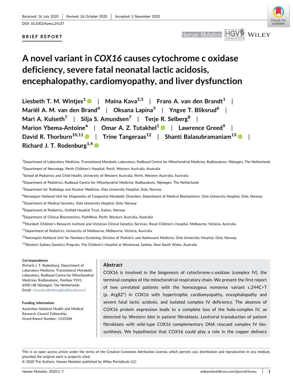 A Novel Variant in COX16 Causes Cytochrome C Oxidase Deficiency, Severe Fatal Neonatal Lactic Acidosis, Encephalopathy, Cardiomyopathy, and Liver Dysfunction