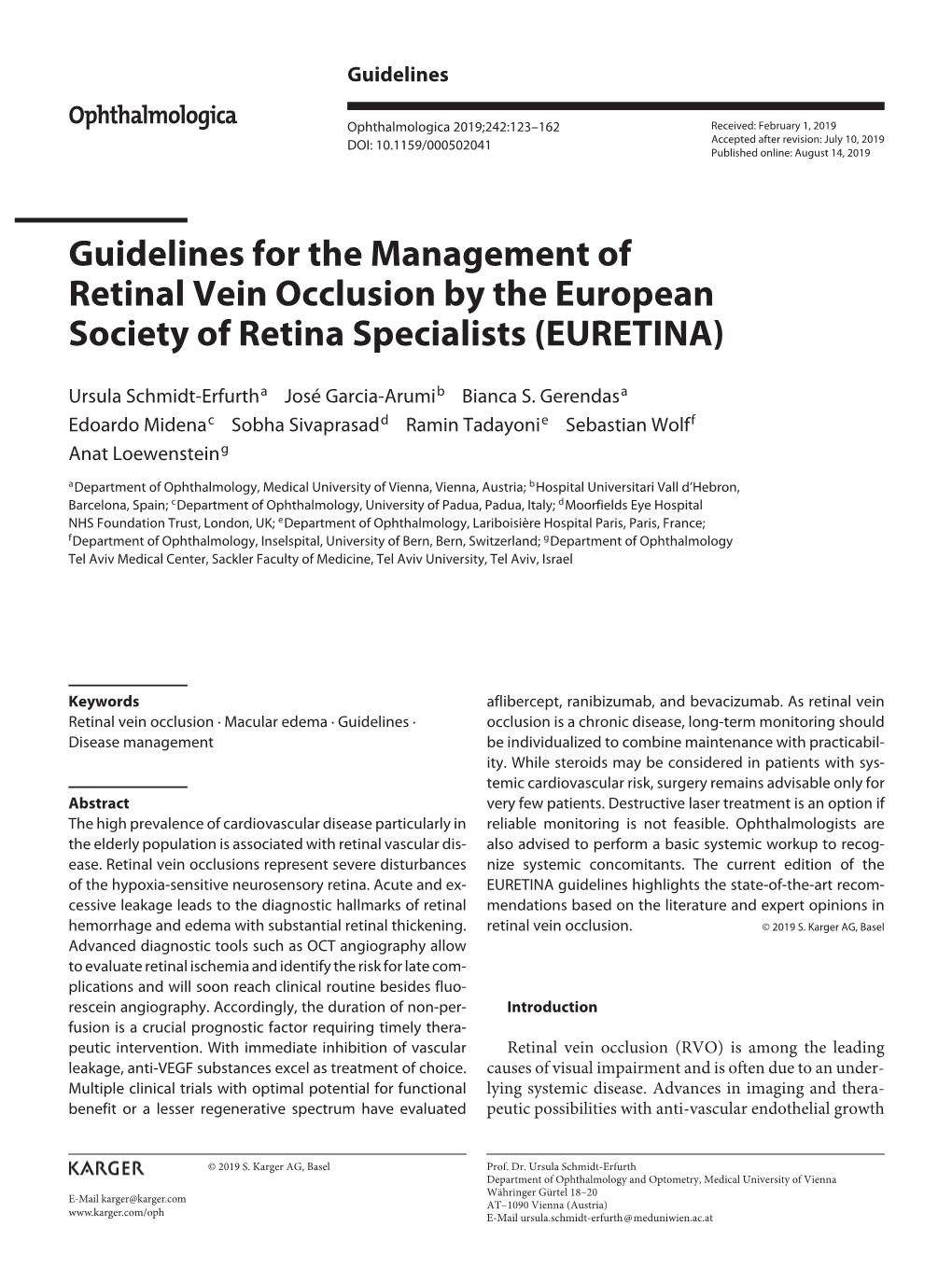 Guidelines for the Management of Retinal Vein Occlusion by the European Society of Retina Specialists (EURETINA)