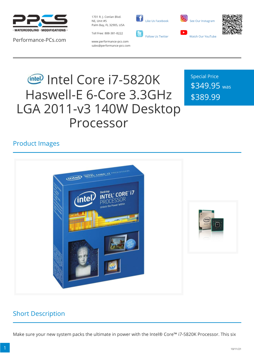 Intel Core I7-5820K Haswell-E 6-Core 3.3Ghz LGA 2011-V3 140W