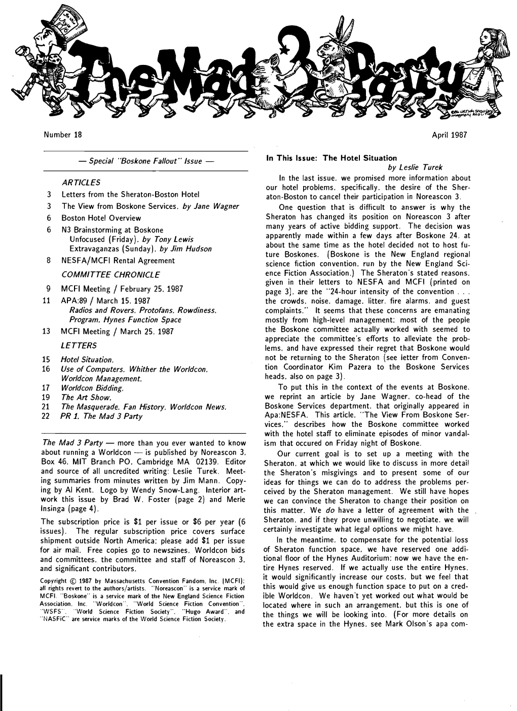 Boskone Fallout" Issue ­ in This Issue: the Hotel Situation by Leslie Turek in the Last Issue