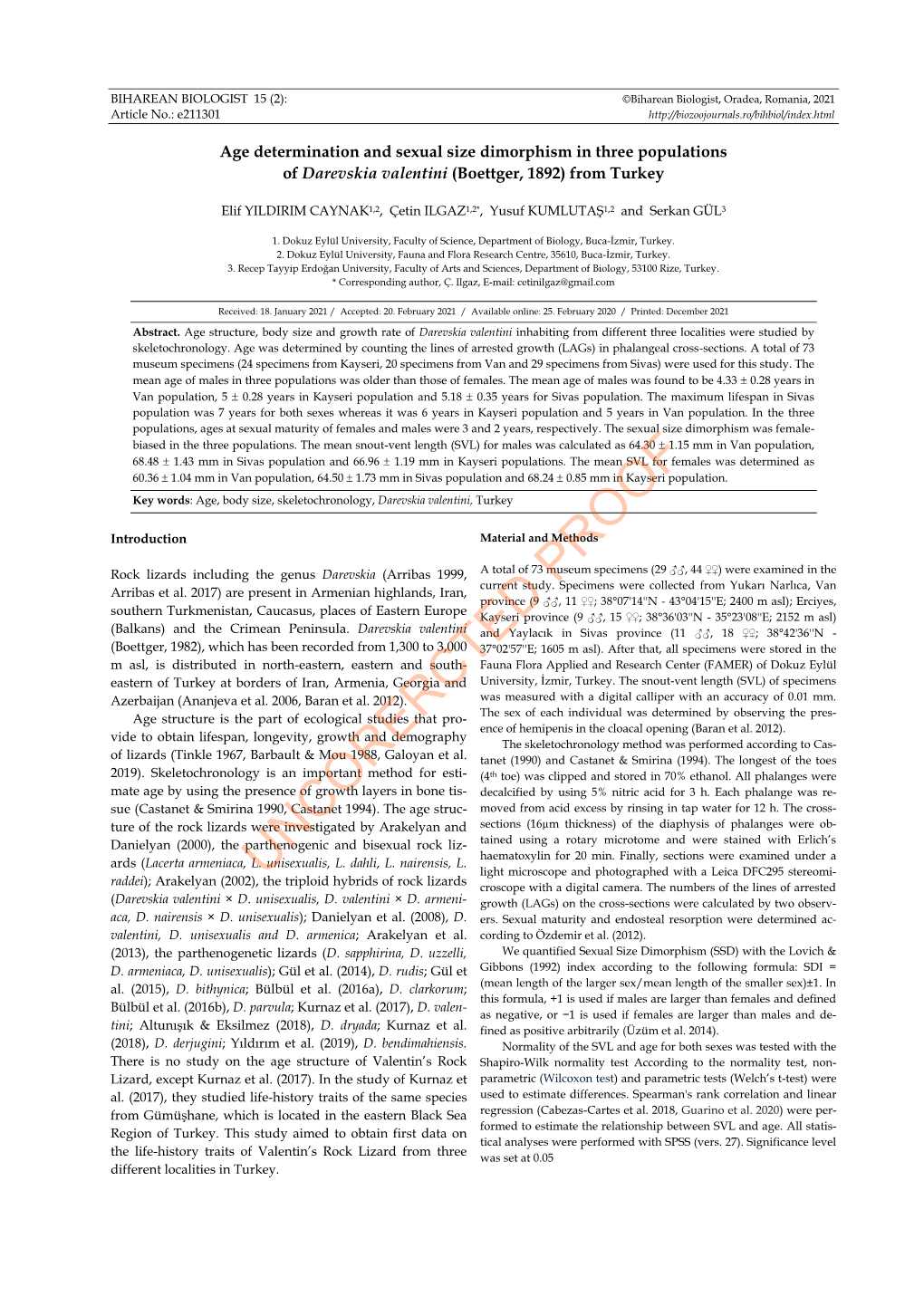 Age Determination and Sexual Size Dimorphism in Three Populations of Darevskia Valentini (Boettger, 1892) from Turkey