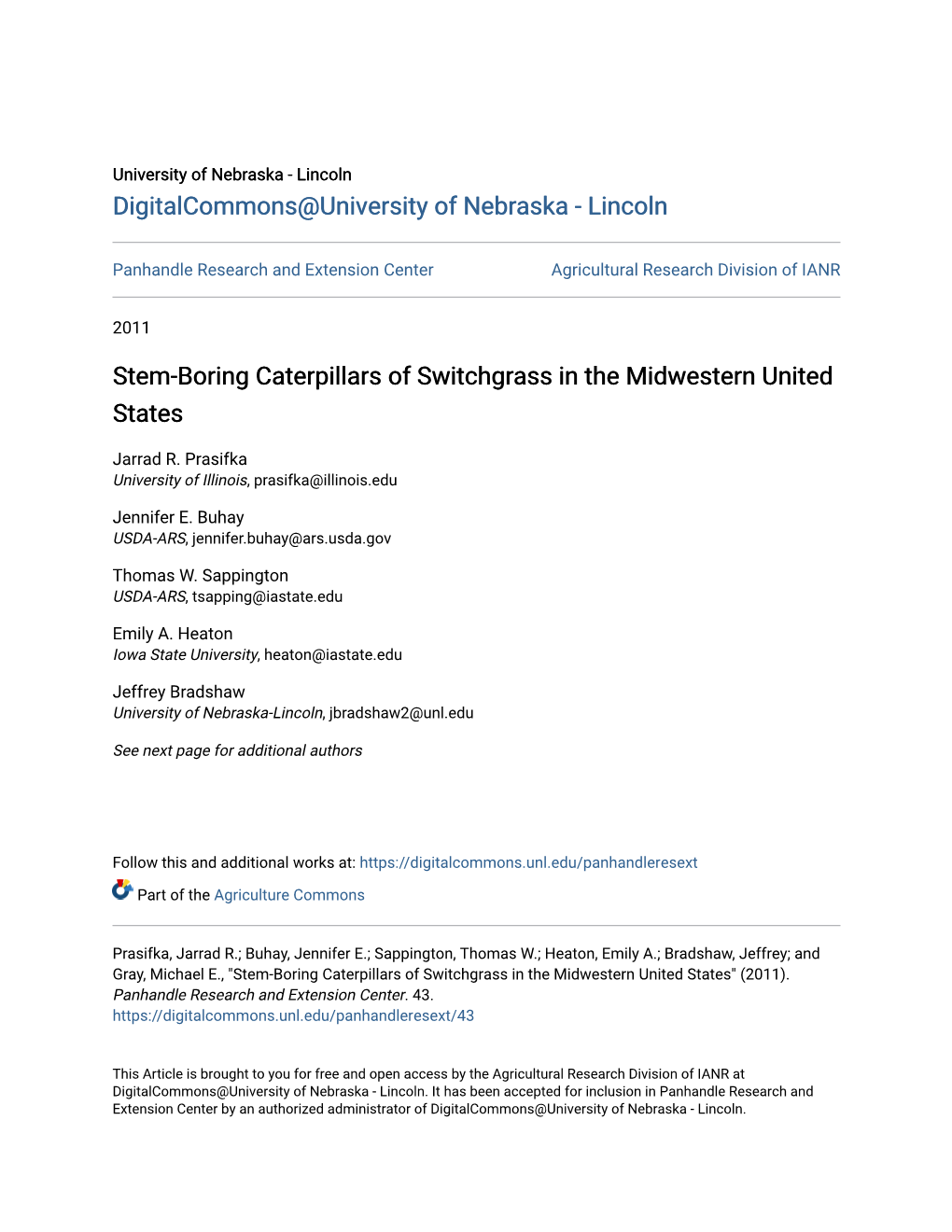 Stem-Boring Caterpillars of Switchgrass in the Midwestern United States