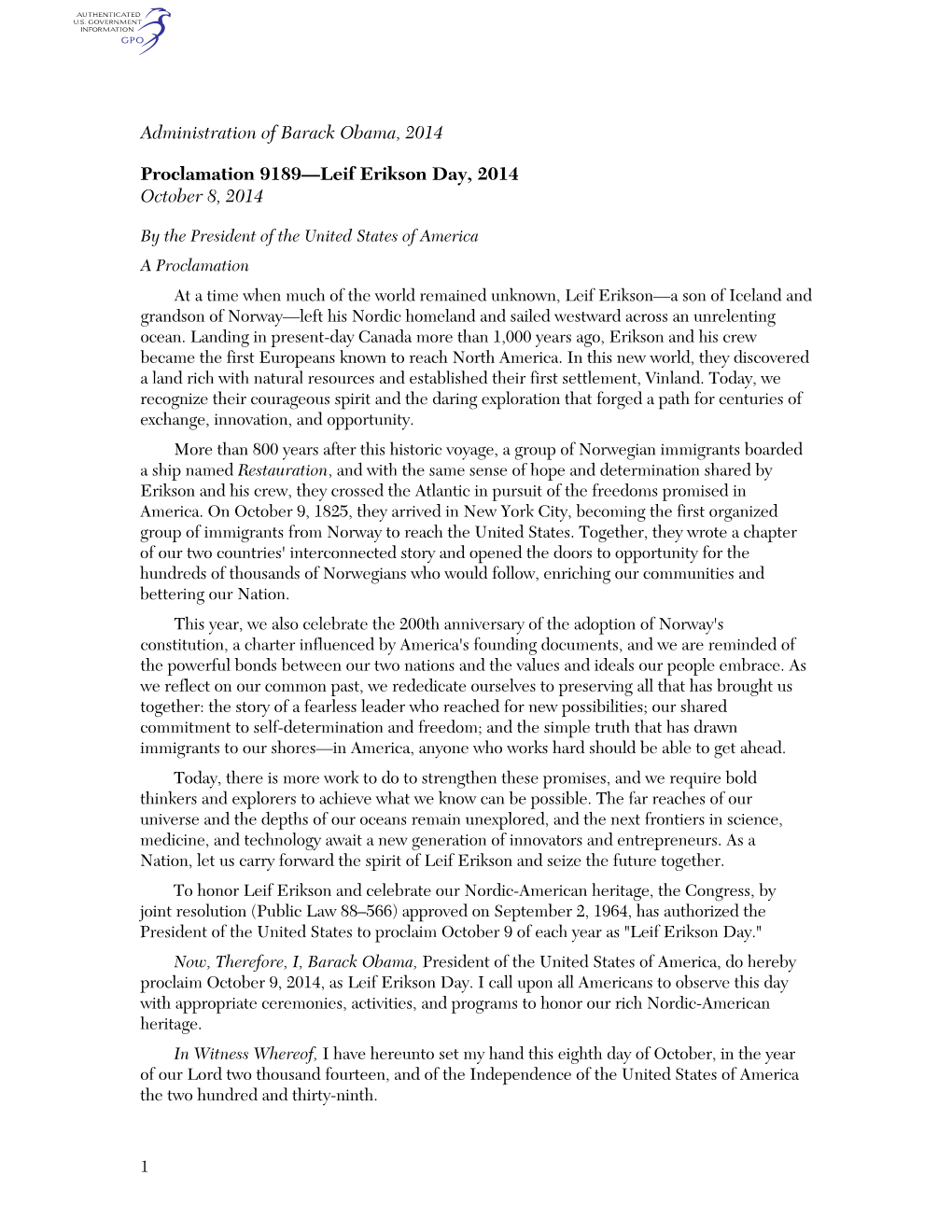 Administration of Barack Obama, 2014 Proclamation 9189—Leif Erikson