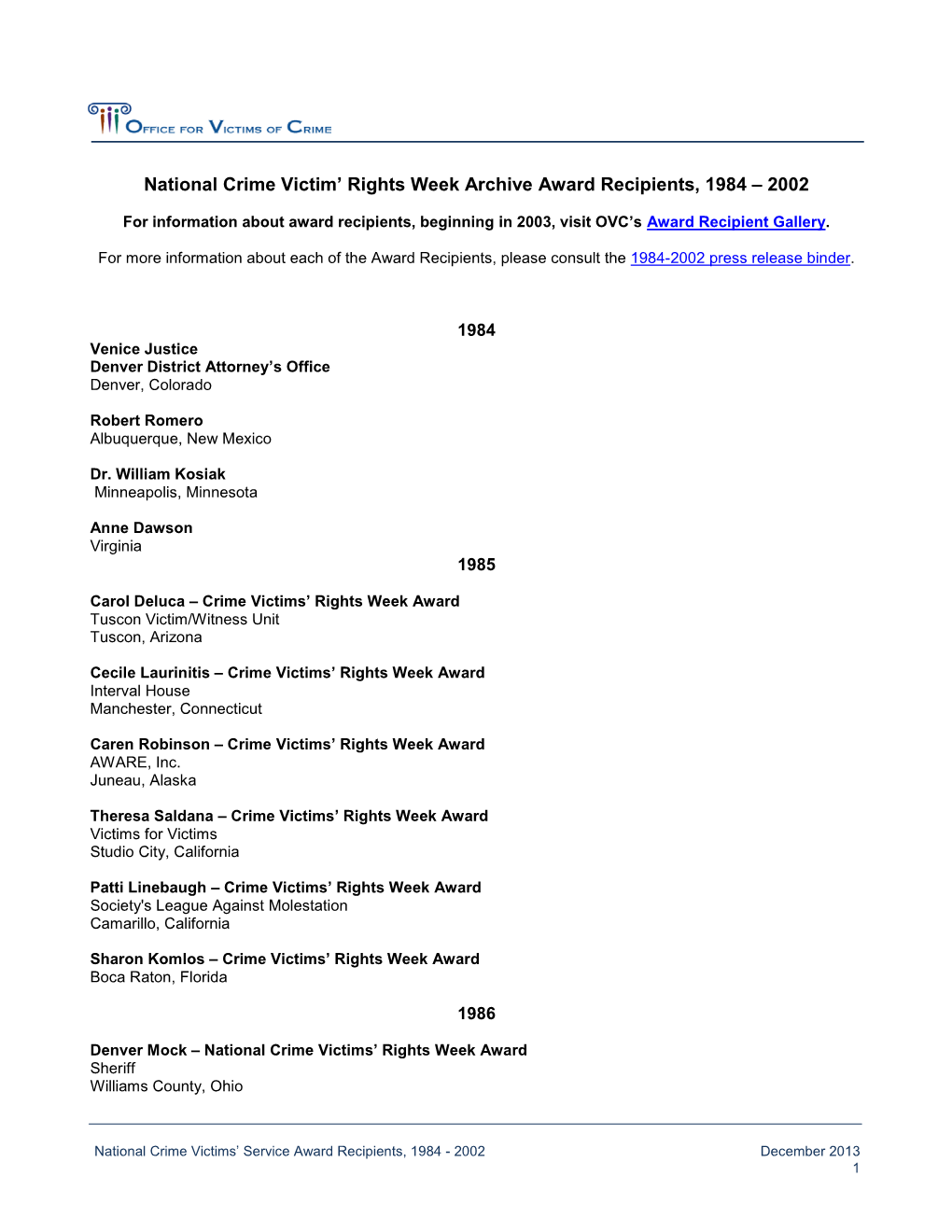 National Crime Victims' Rights Week Archive Award Recipients, 1984-2002