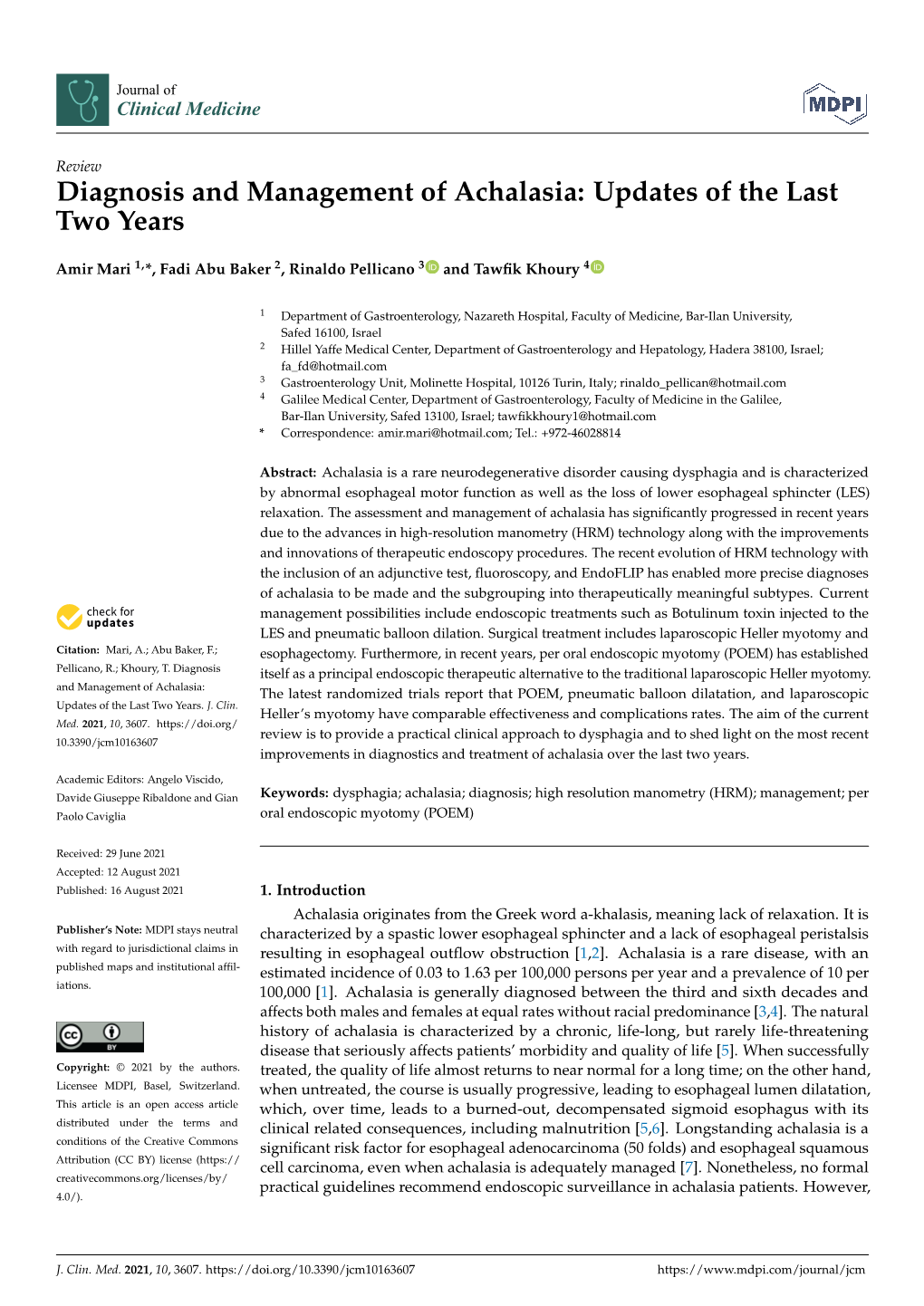 Diagnosis and Management of Achalasia: Updates of the Last Two Years