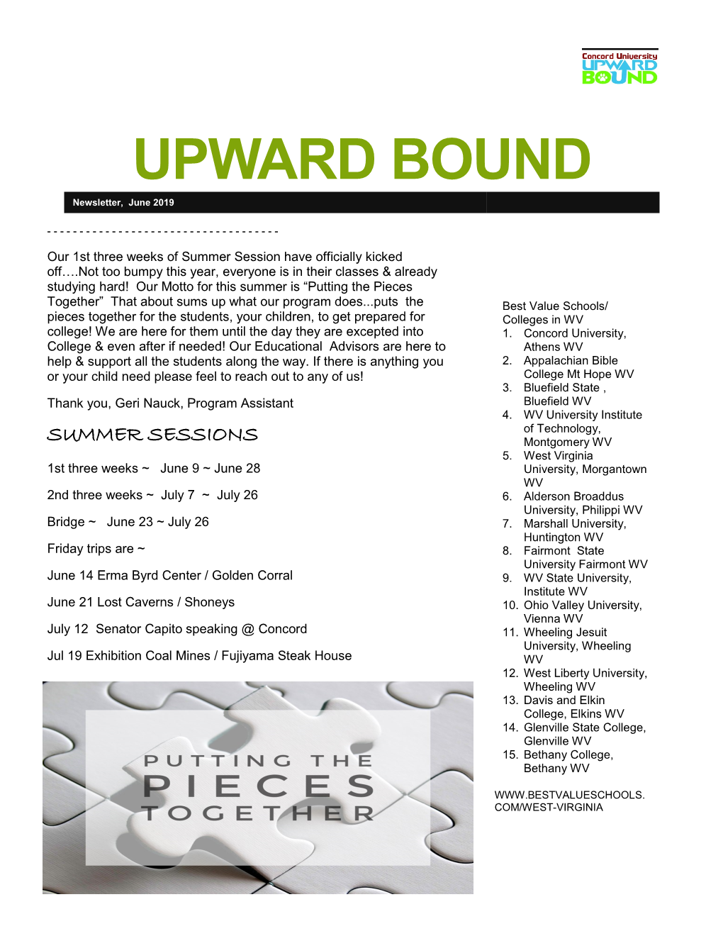 UPWARD BOUND Newsletter, June 2019