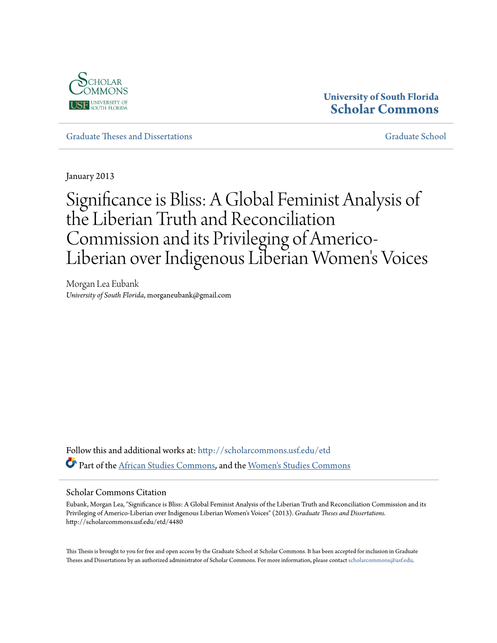 Significance Is Bliss: a Global Feminist Analysis of the Liberian Truth and Reconciliation Commission and Its Privileging Of