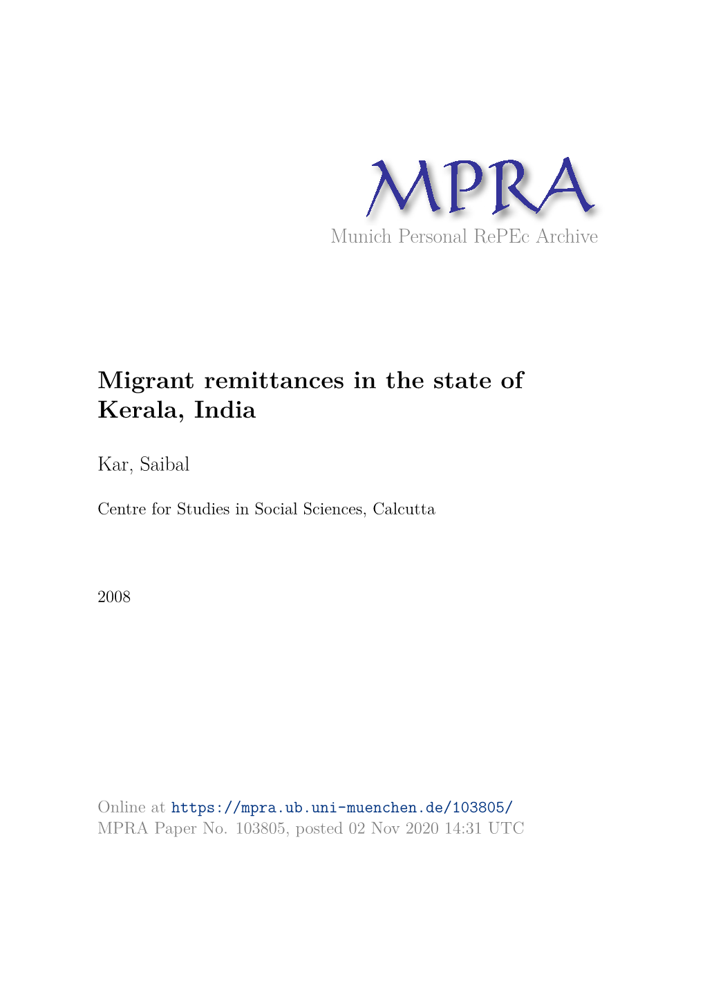 Migrant Remittances in the State of Kerala, India