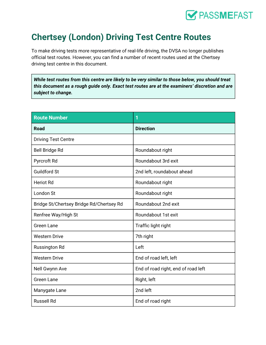 Chertsey (London) Driving Test Centre Routes