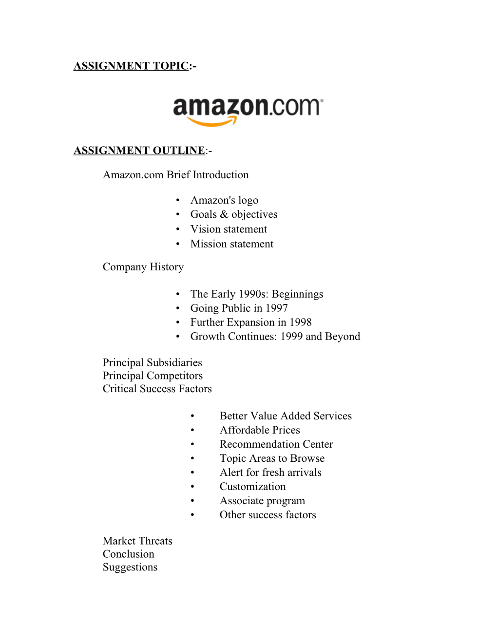 ASSIGNMENT OUTLINE:- Amazon.Com Brief Introduction