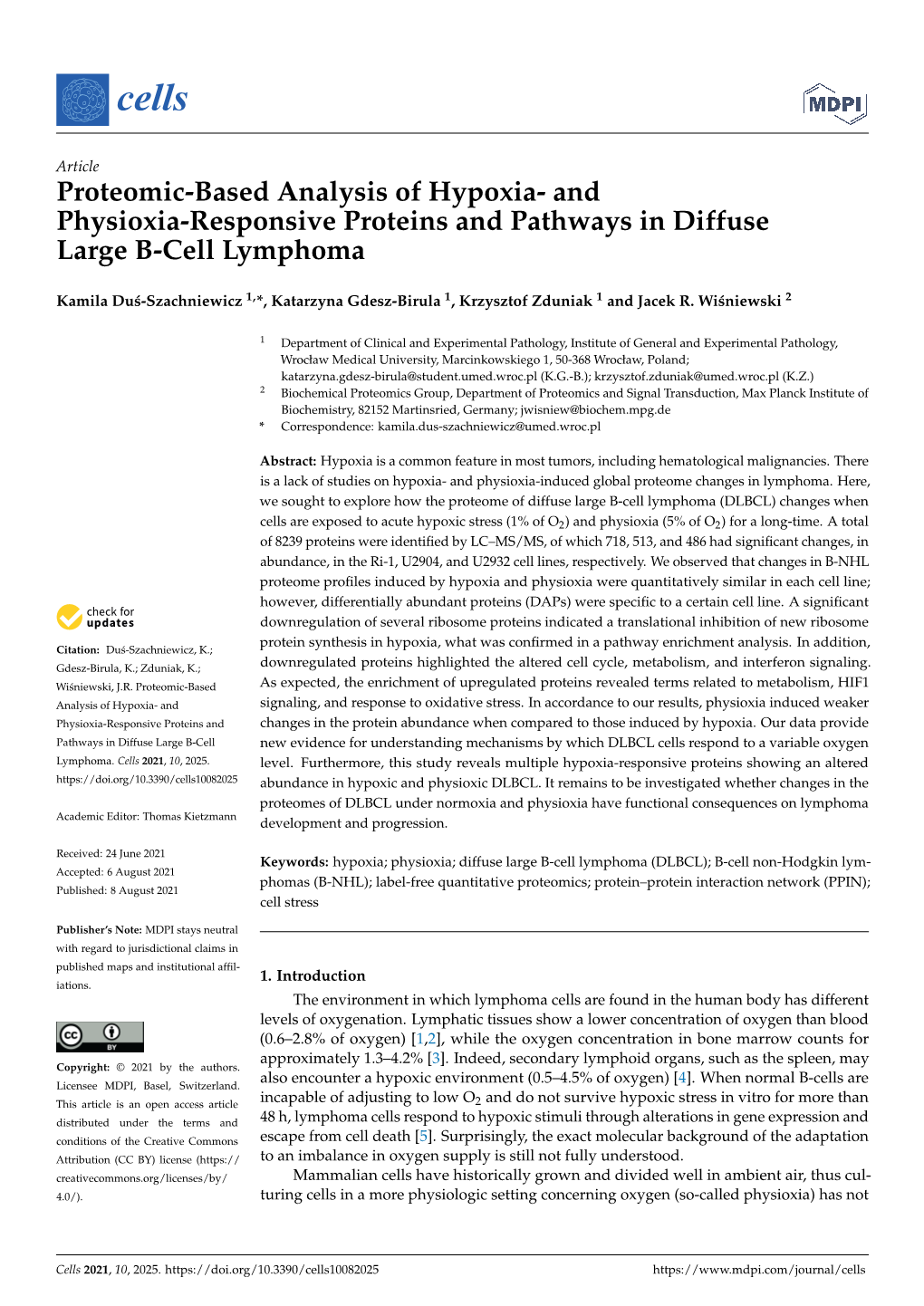 And Physioxia-Responsive Proteins and Pathways in Diffuse Large B-Cell Lymphoma