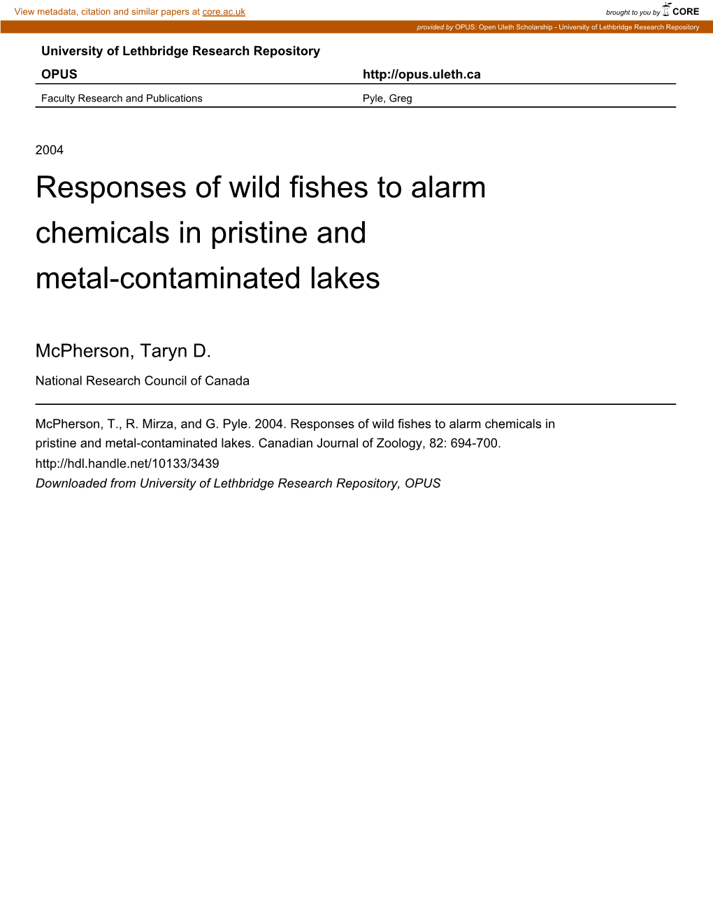 Responses of Wild Fishes to Alarm Chemicals in Pristine and Metal-Contaminated Lakes