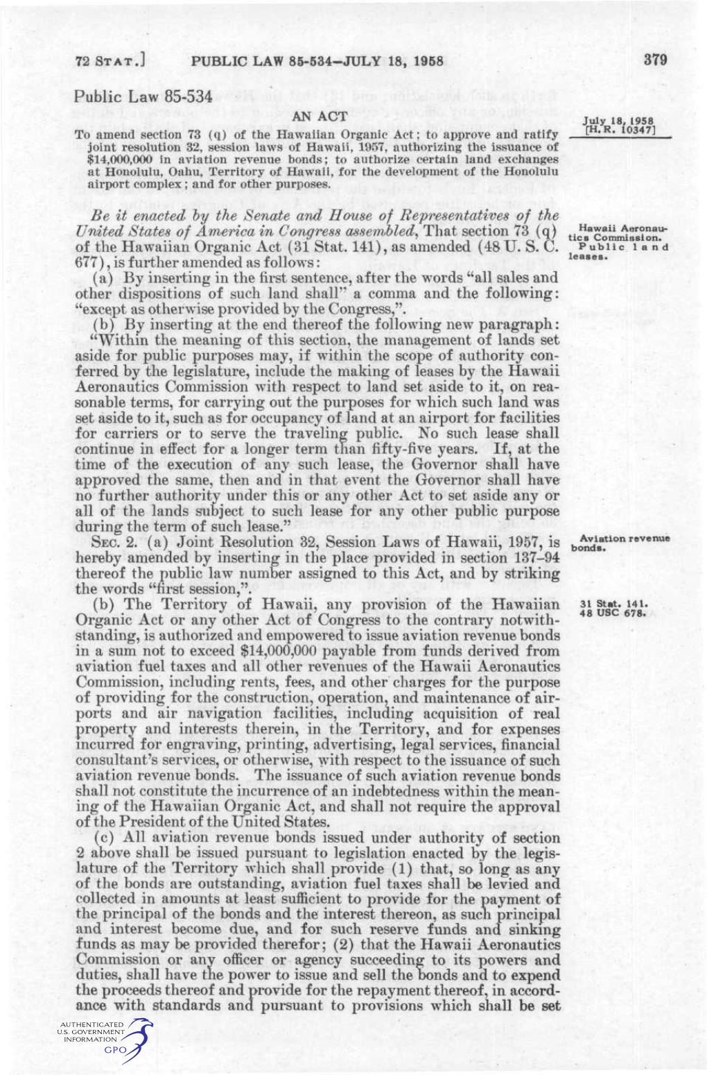 379 Public Law 85-534 Be It Enacted Hy the Senate and House of Representatives of the United States of America in Congress Assem