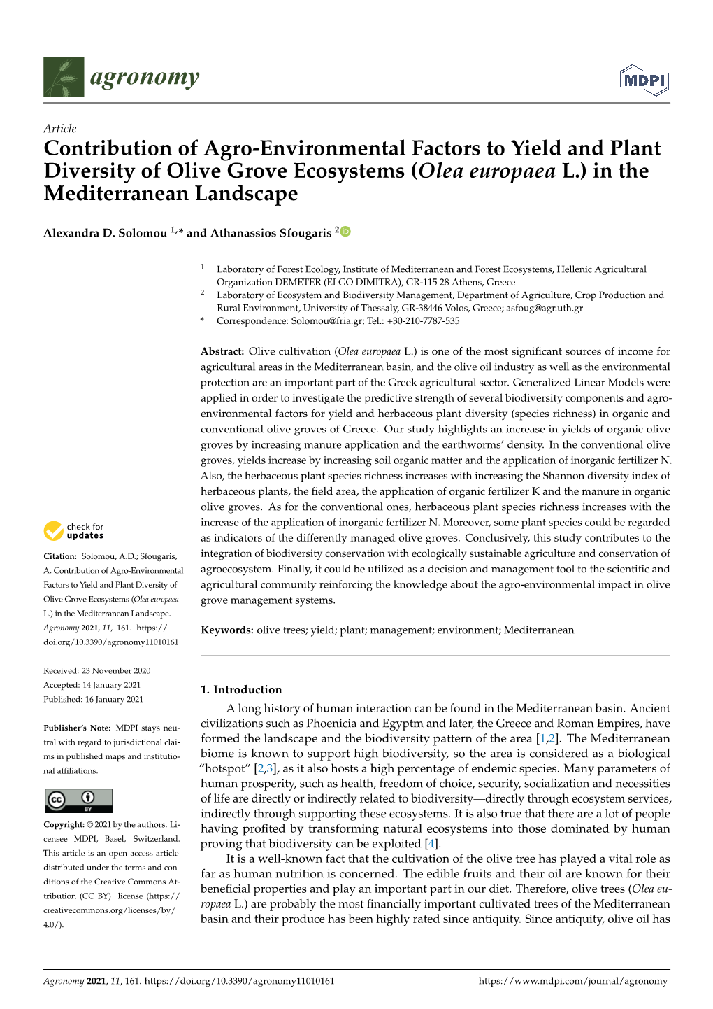 Contribution of Agro-Environmental Factors to Yield and Plant Diversity of Olive Grove Ecosystems (Olea Europaea L.) in the Mediterranean Landscape