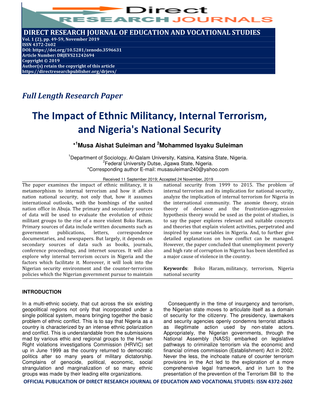 The Impact of Ethnic Militancy, Internal Terrorism, and Nigeria's National Security
